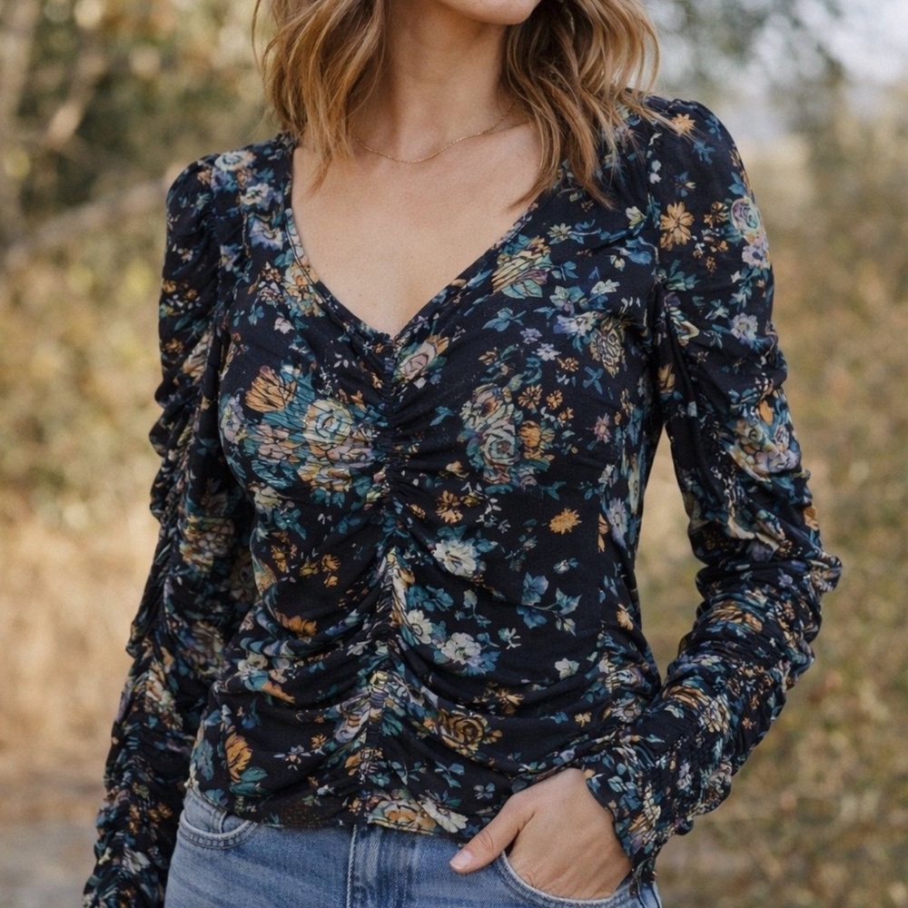 Anthropologie Black Floral Blouse Boho Whimsy